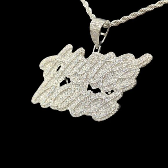 14K White Gold Finish Hustle Hard - Free 24" x 3mm Rope Chain.. - Picture 3 of 8